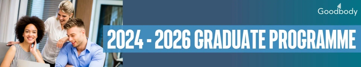 Three young professionals working together with a laptop, displaying engagement and teamwork, with text "2024 - 2026 GRADUATE PROGRAMME" by Goodbody logo.
